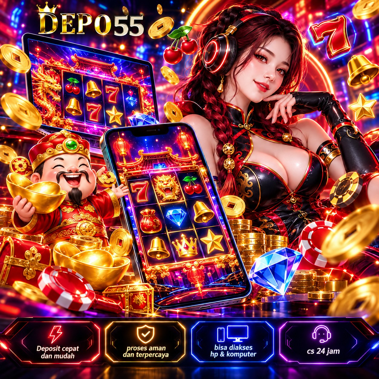 Poster DEPO55: karakter merah hitam, lampu neon dan layar permainan